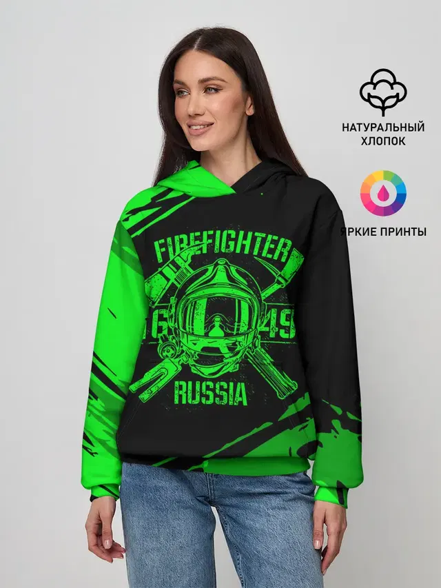 Женское худи с принтом «МЧС — FIREFIGHTER 1649 RUSSIA»
