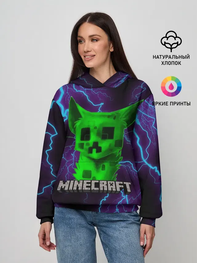 Женское худи с принтом «Майнкрафт — MINECRAFT CREEPER CAT»