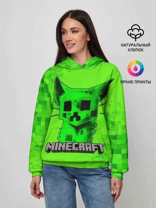 Женское худи с принтом «Майнкрафт — MINECRAFT CREEPER CAT»