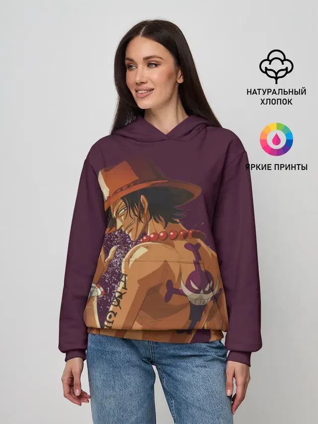 Женское худи с принтом «Ван Пис — One Piece. Портгас Д. Эйс»