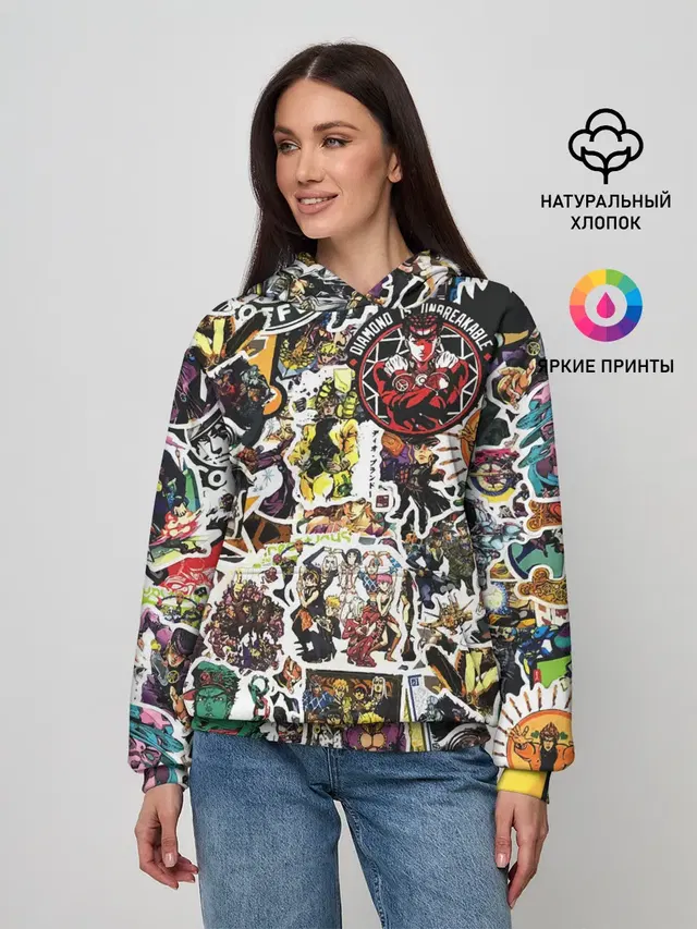 Женское худи с принтом «ДжоДжо — JoJo’s Sticker Bombing»