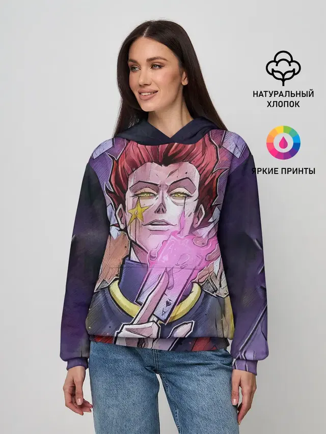 Женское худи с принтом «Hisoka Morow — Хисока со светящейся картой в руках»