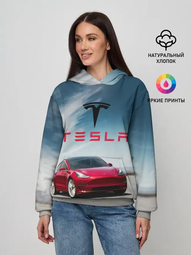 Женское худи с принтом «Tesla — Tesla Model 3»