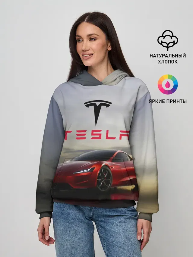 Женское худи с принтом «Tesla — Tesla Roadster»