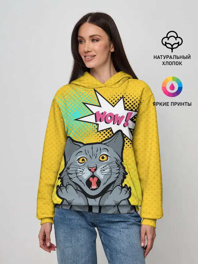 Женское худи с принтом «Pop Art — Pop Art Cat — Wow»