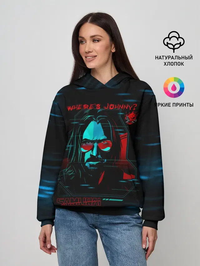Женское худи с принтом «Cyberpunk 2077 — WHERES JOHNNY? SAMURAI»