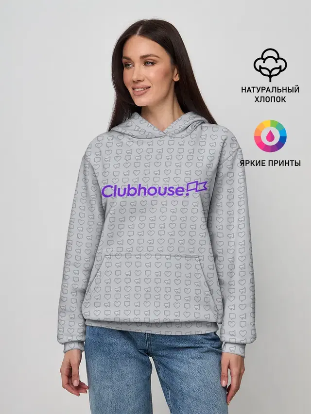 Женское худи с принтом «Трендовые надписи — Clubhouse — Gray»