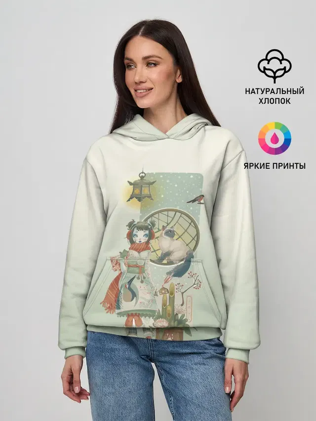 девушка кимоно зима Япония кот