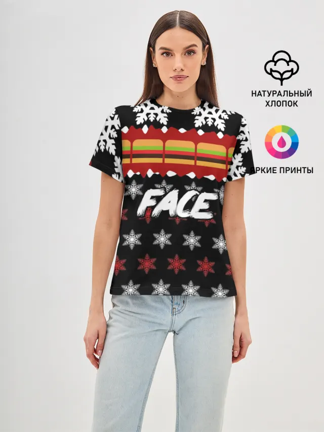 Женская базовая футболка с принтом «Face — Праздничный Face»
