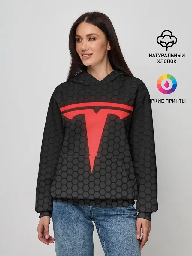 Женское худи с принтом «Tesla — NEON TESLA — НЕОН ТЕСЛА»