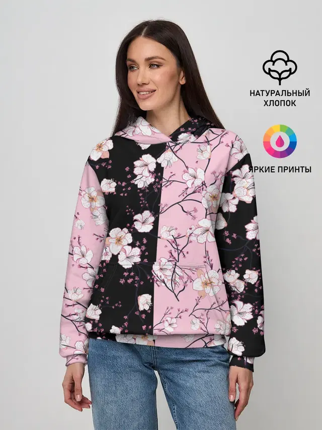 Женское худи с принтом «Цветы — САКУРА — SAKURA — ВИШНЯ»