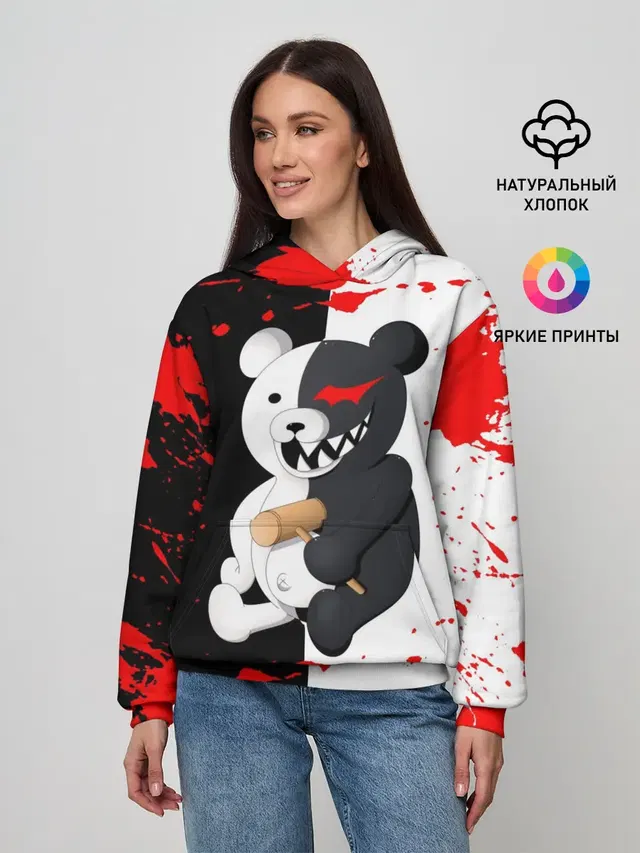 Женское худи с принтом «monokuma с молотком»