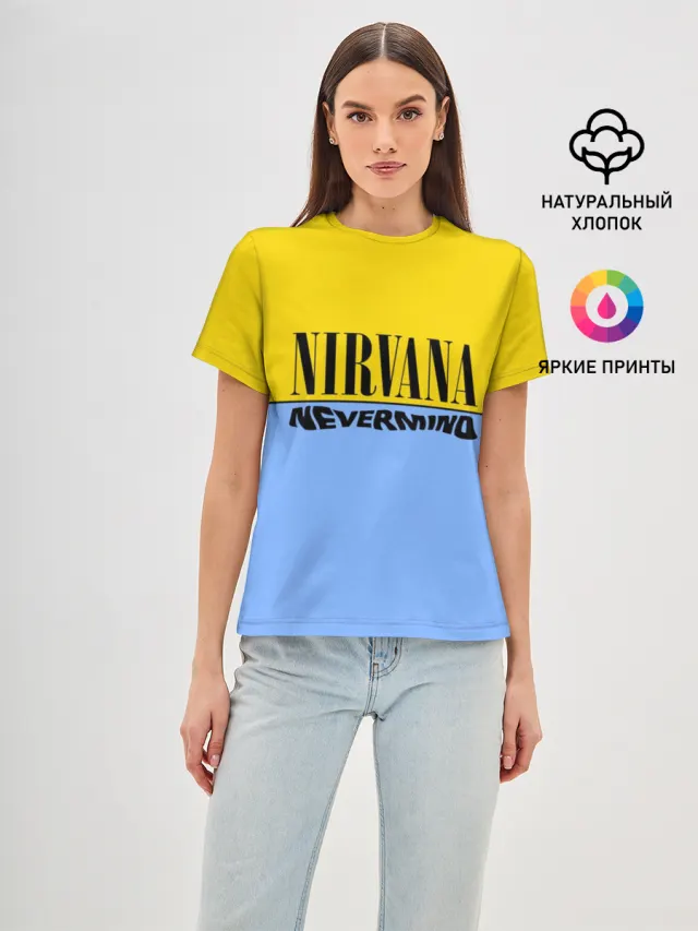 Женская базовая футболка с принтом «Nirvana nevermino»