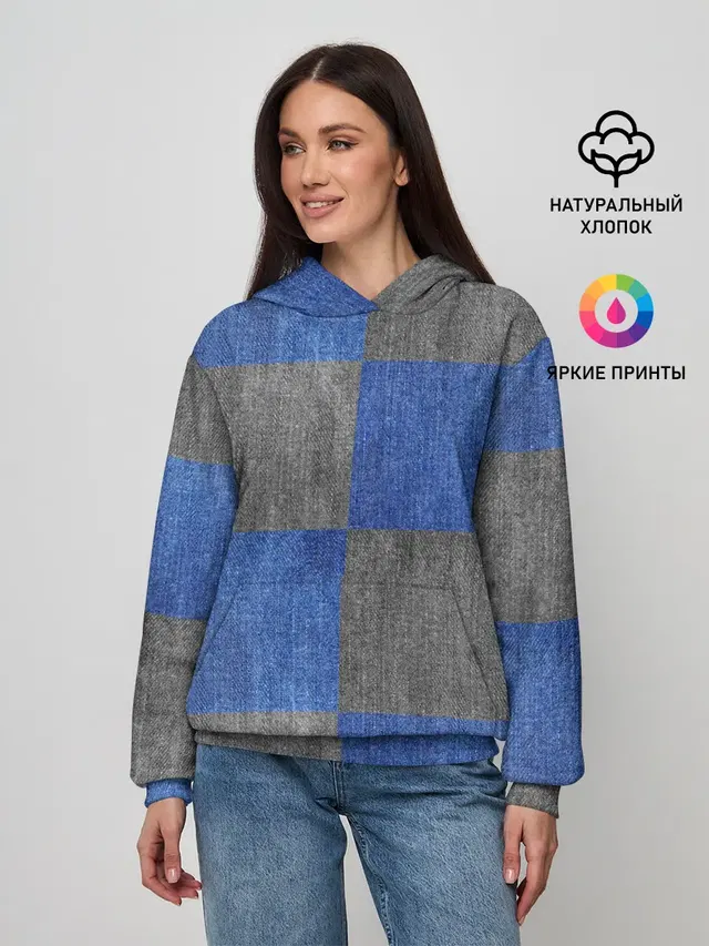 Женское худи с принтом «Denim texture — Denim Patchwork»
