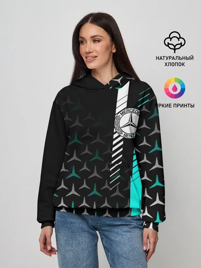 Женское худи с принтом «Merсedes — МЕРСЕДЕС — AQUA BLACK GRADIENT»