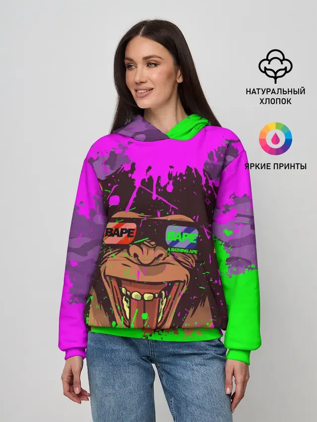 Женское худи с принтом «Модные — 3D Neon Monkey»