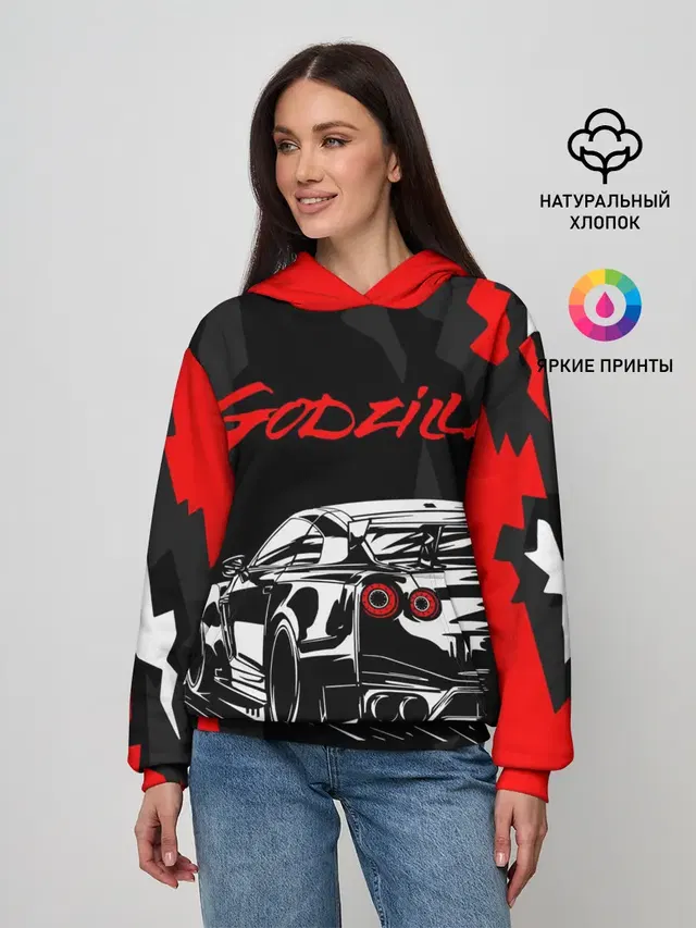 Женское худи с принтом «Nissan — NISSAN GT-R — GODZILLA»