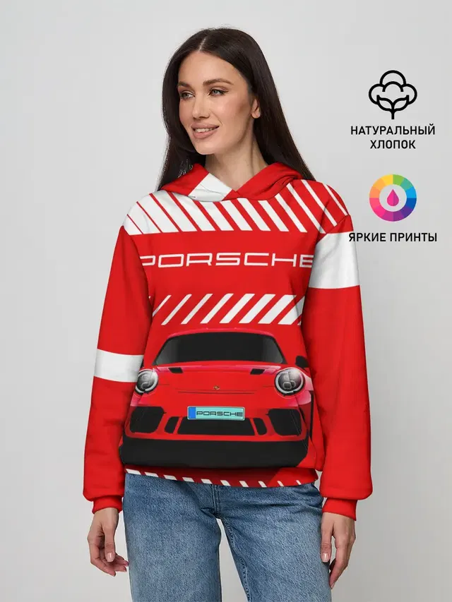 Женское худи с принтом «Porsche Порше RED Style — ПОРШЕ — RED STYLE»