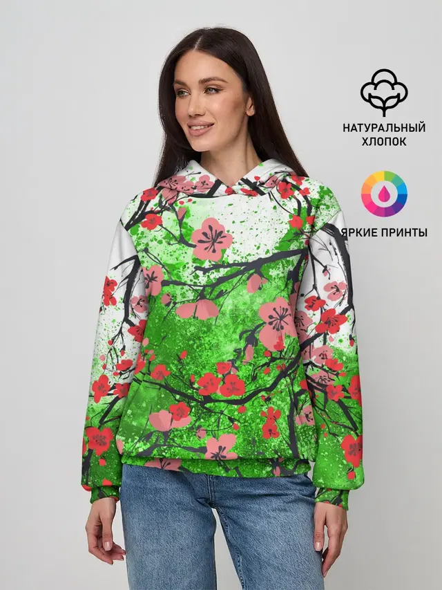 Женское худи с принтом «Цветы — Сакура — Sakura»