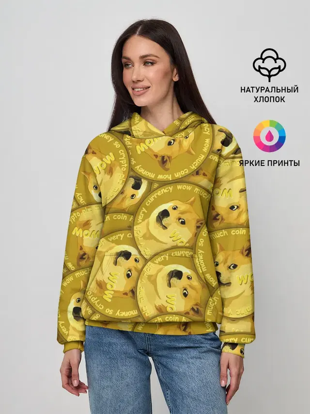 Женское худи с принтом «Shiba Inu — DOGECOIN — DOGE — ДОГИКОИН»