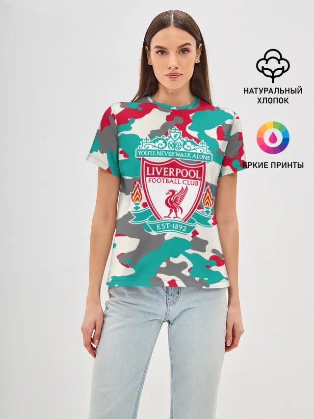 Женская базовая футболка с принтом «Camouflage — FC Liverpool»