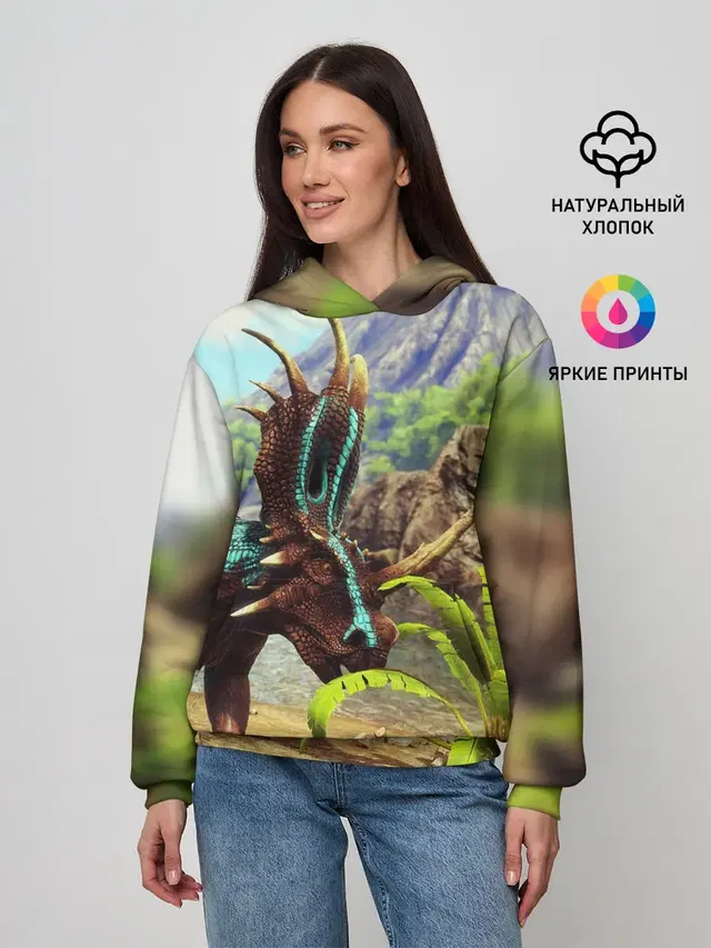 Женское худи с принтом «Styracosaurus — Ark Survival — АРК СУРВИВАЛ»