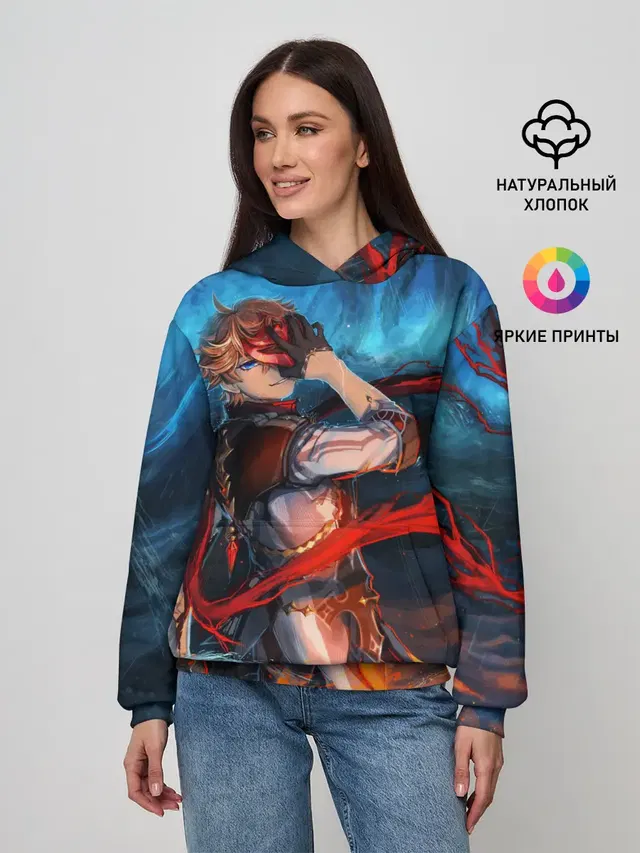 Женское худи с принтом «Геншин Импакт — Tartaglia art»