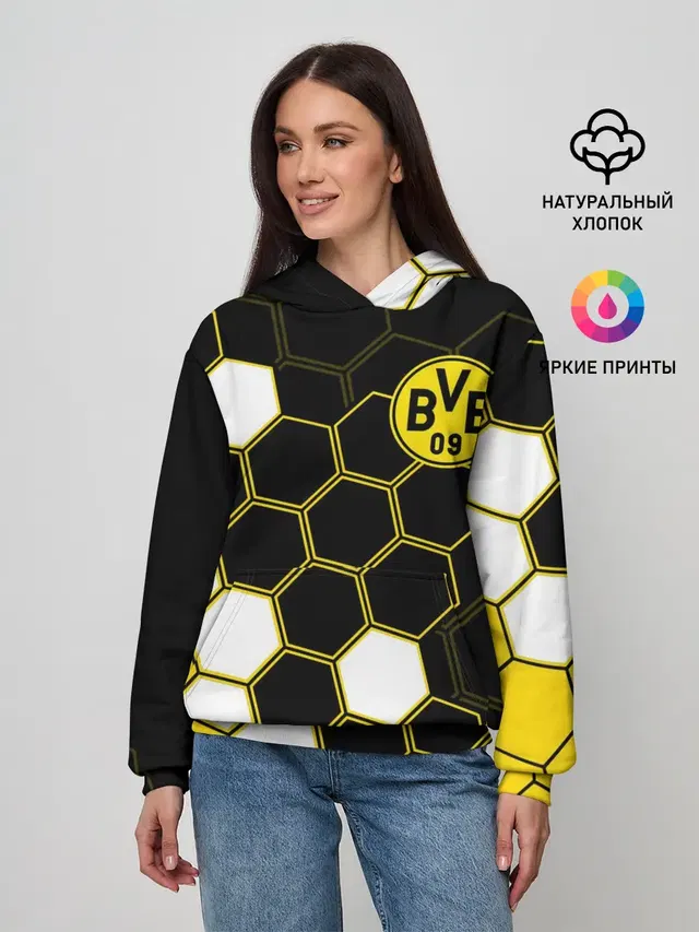 Женское худи с принтом «Hexagon pattern — ФК БОРУССИЯ — FC BORUSSIA»