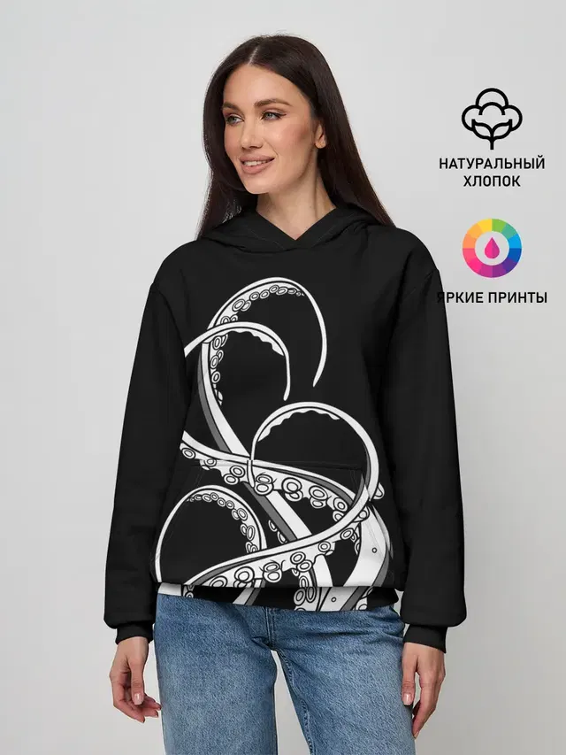 Женское худи с принтом «Рыбы — Octopus Black and White»