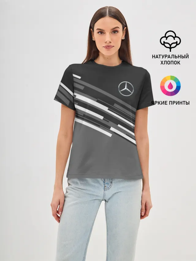 Женская базовая футболка с принтом «Automotive emblem — MERCEDES BENZ SPORT»
