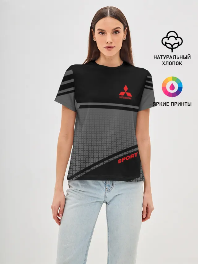 Женская базовая футболка с принтом «Mitsubishi — MITSUBISHI SPORT»