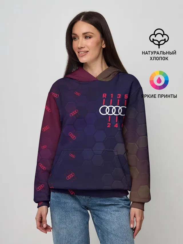 Женское худи с принтом «Audi — Audi - Gearbox - Hexagon»