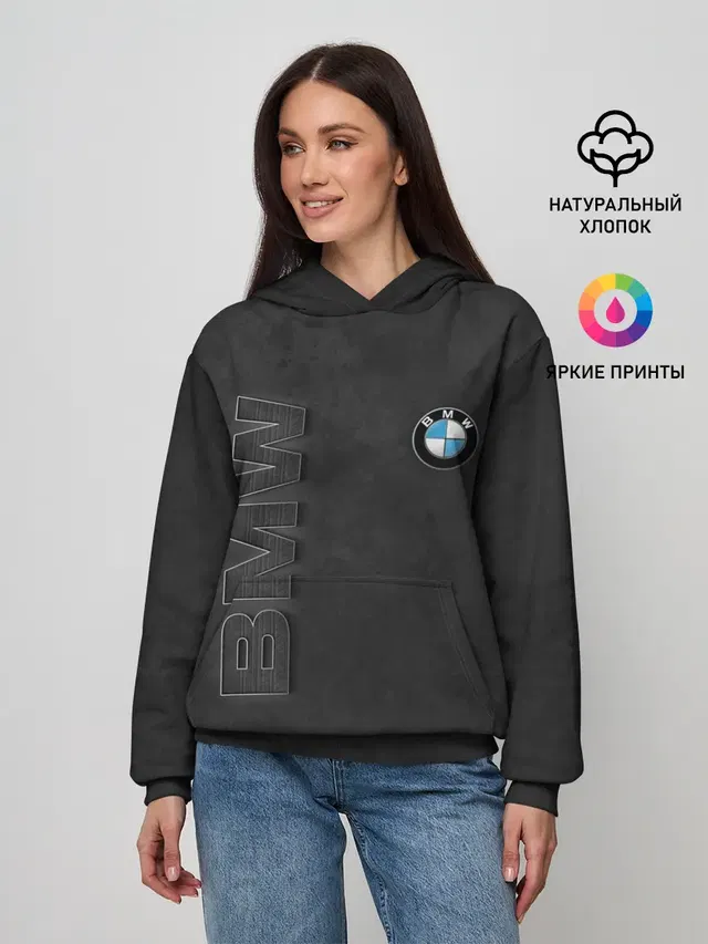Женское худи с принтом «BMW — BMW LOGO AND INSCRIPTION»