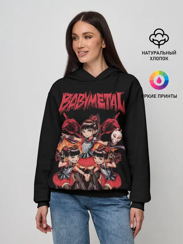 Женское худи с принтом «Babymetal — Метал малышки в деле»