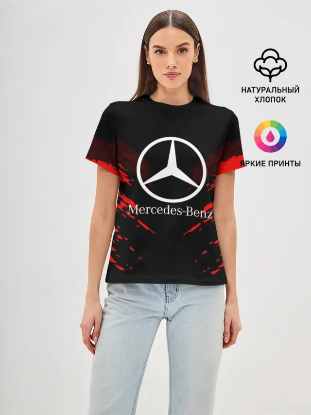 Женская базовая футболка с принтом «Merсedes — MERCEDES-BENZ SPORT COLLECTION»