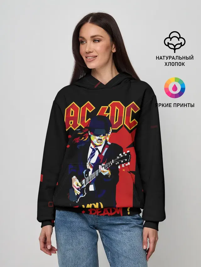 Женское худи с принтом «Angus Young — ARE YOU REDY? AC/DC»