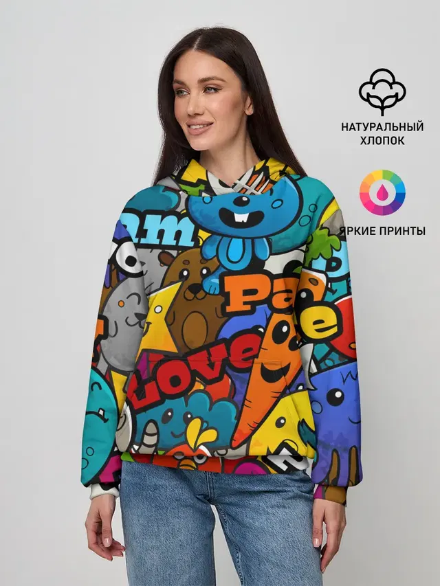 Женское худи с принтом «Хиппи — LOVE — PEACE — PARTY»