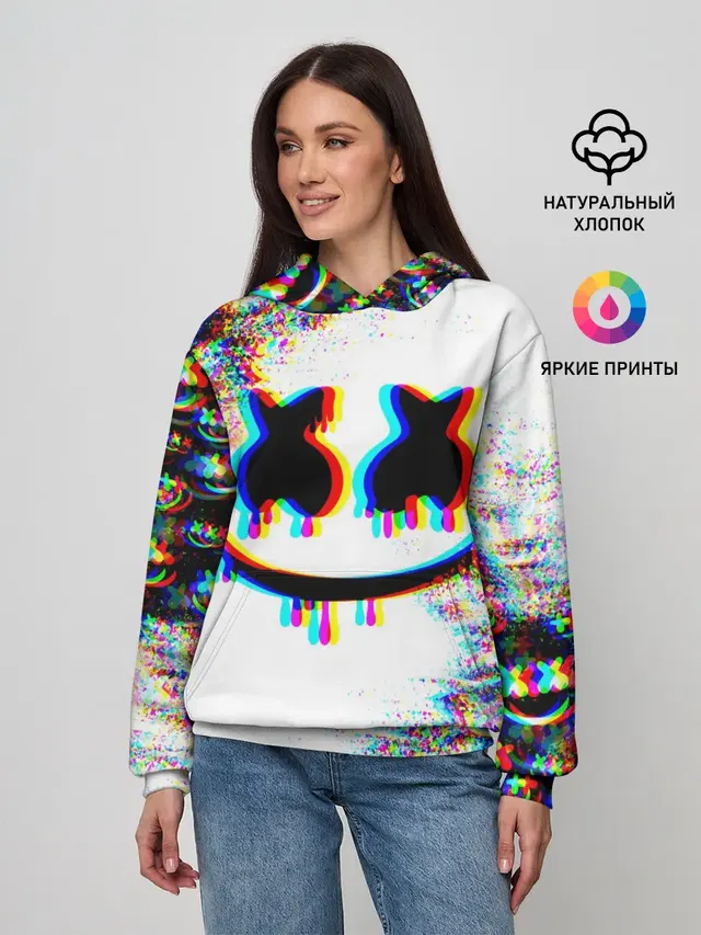 Женское худи с принтом «Marshmello — MARSHMELLOW GLITCH»