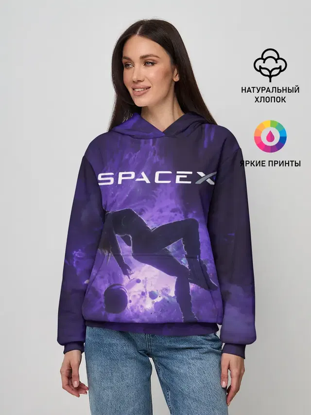 Женское худи с принтом «Астрономия, космос — Space X Girl in zero gravity»