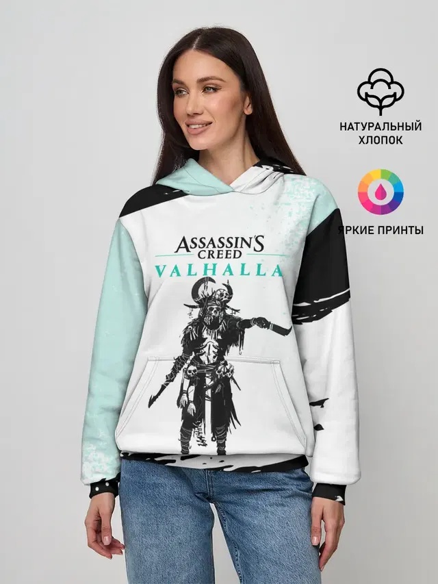 Женское худи с принтом «Viking warrior — АССАСИН КРИД — ASSASSINS CREED VALHALLA»