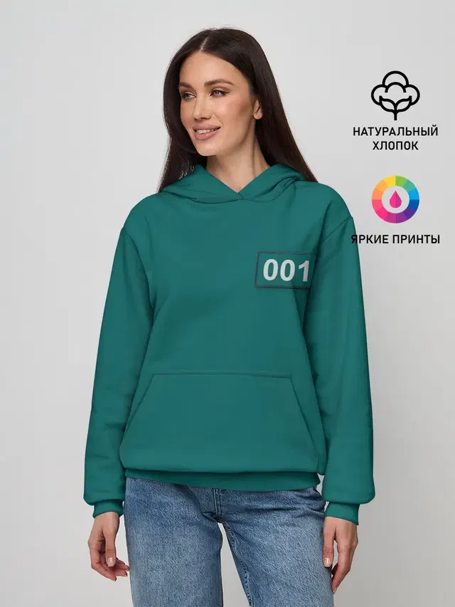 Женское худи с принтом «Игра в кальмара — Игрок 001.»