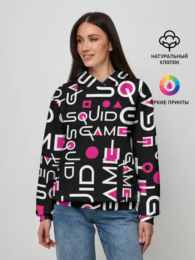 Женское худи с принтом «Игра в кальмара — SQUID GAME ЛОГО PINK»