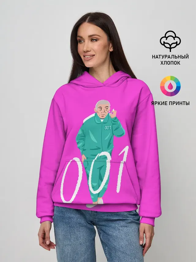 Женское худи с принтом «Игра в кальмара — Player 001»