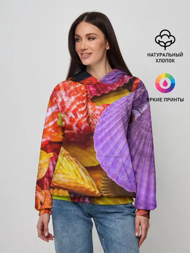 Женское худи с принтом «Природа — Разноцветные ракушки multicolored seashells»