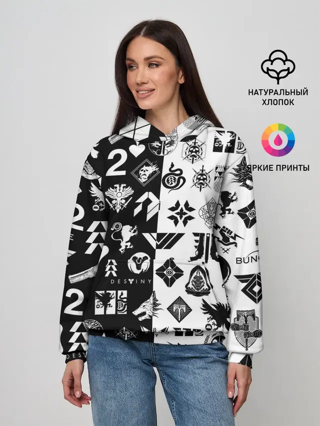 Женское худи с принтом «Destiny Logobombing Чёрно — DESTINY LOGOBOMBING ЧЁРНО БЕЛОЕ»