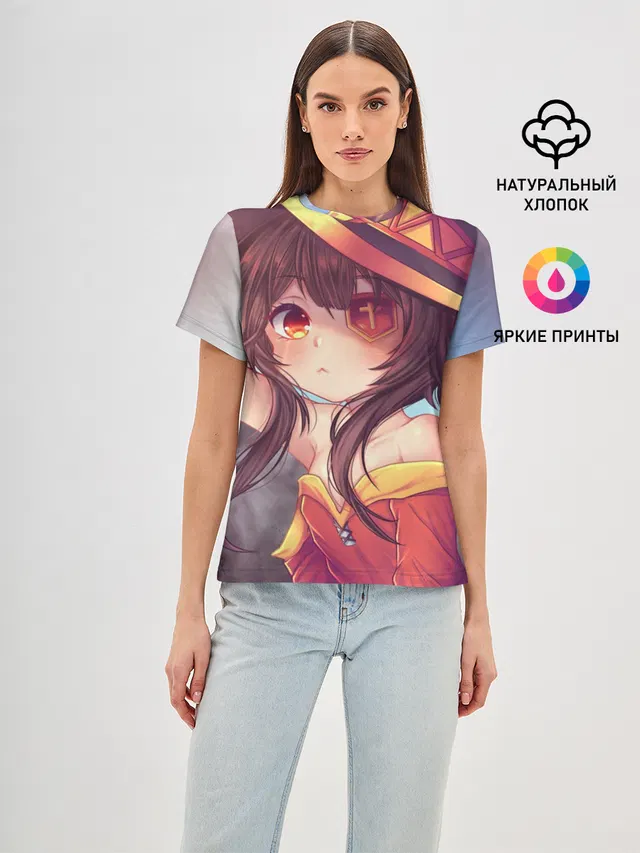 Женская базовая футболка с принтом «Konosuba в шляпе»