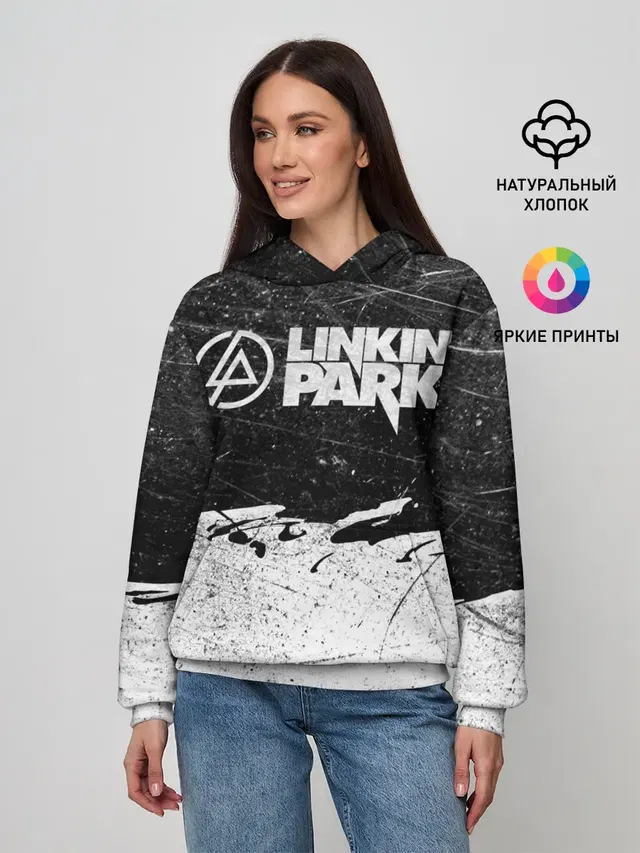 Женское худи с принтом «Rock music — Линкин Парк Лого Рок ЧБ — Linkin Park Rock»