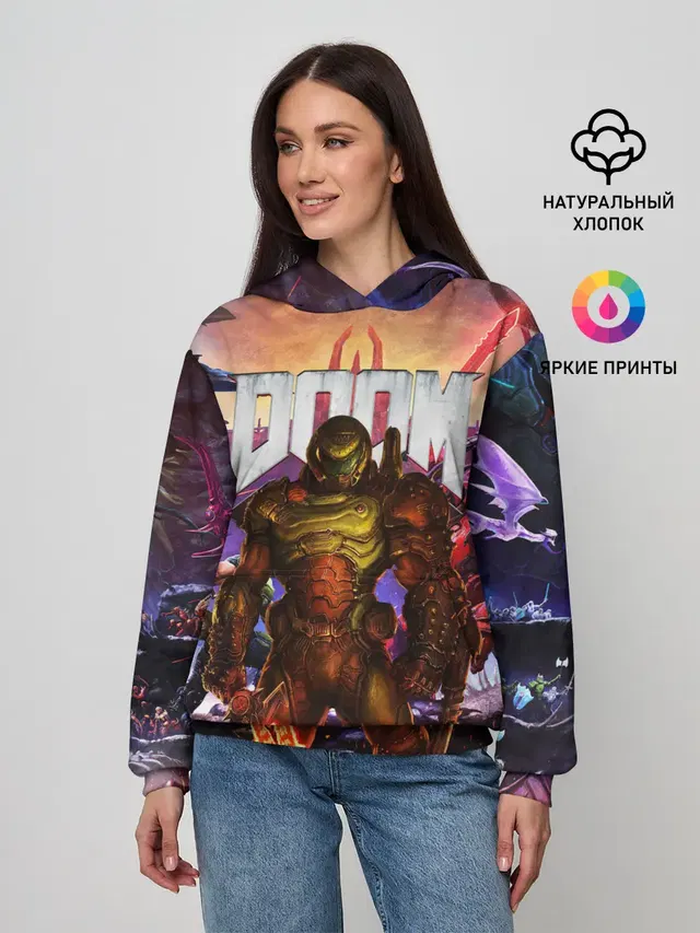 Женское худи с принтом «Дум — DOOM ETERNAL — ДУМ БИТВА В АДУ»