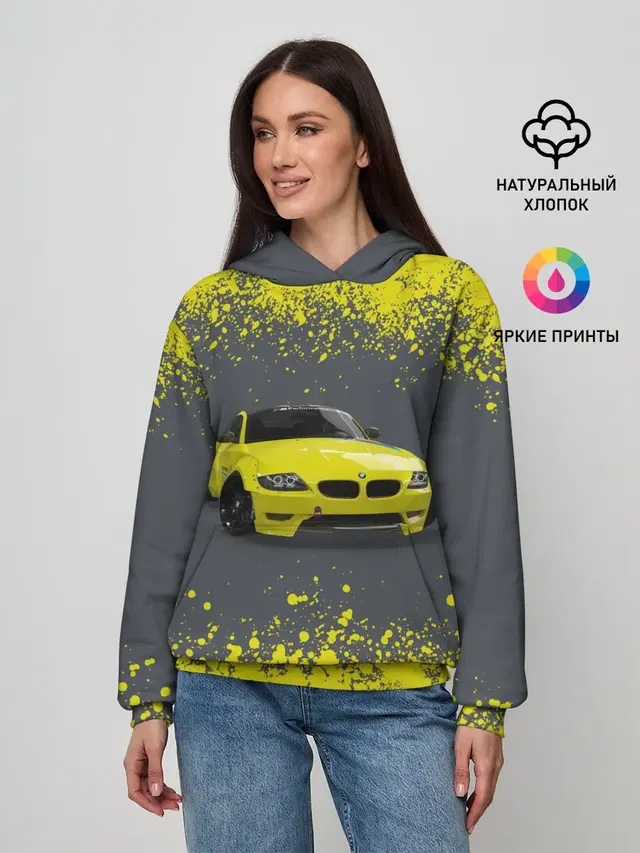 Женское худи с принтом «BMW — ЖЕЛТЫЙ ПЕРФОРМАНС»