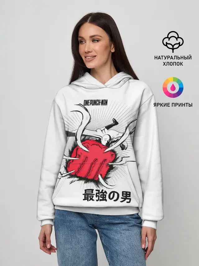 Женское худи с принтом «Saitama — Удар лысого плаща One Punch-Man»